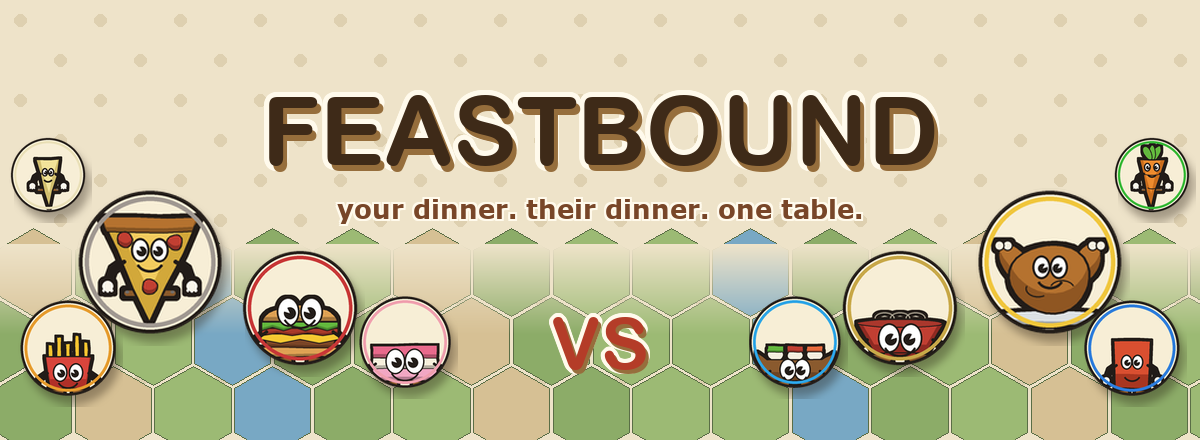 Feastbound — two armies of food facing off across a hex battlefield